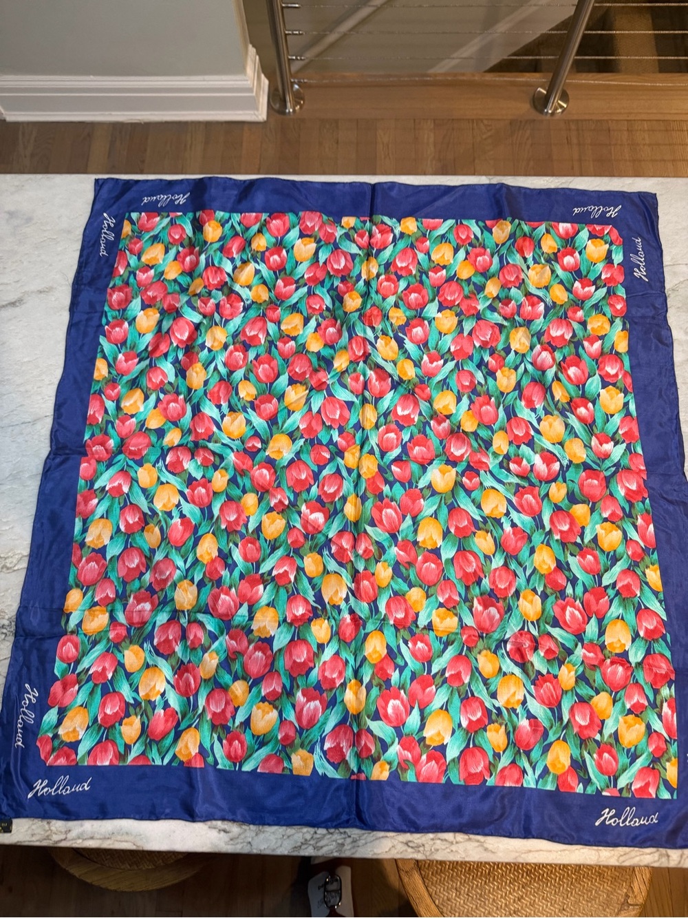 100% Silk Blue, Red, and Orange Tulip Print Square Scarf